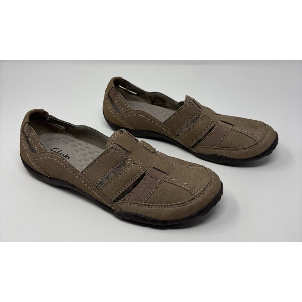 Clarks Haley Stork Leather Slip-On Closed Toe Sandals Mushroom Beige Sz 9.5 W